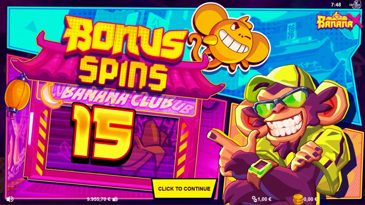 Tampilan layar permainan slot Banana X dengan tema neon dan influencer