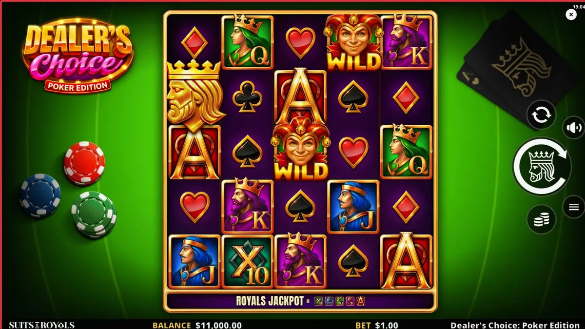 Tampilan antarmuka permainan slot Dealer’s Choice: Poker Edition dengan nuansa meja poker hijau